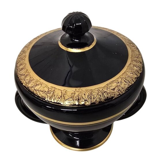 Vintage Black & Gold Porcelain Lidded Sugar Bowl Dual Handles - Picture 2 of 9